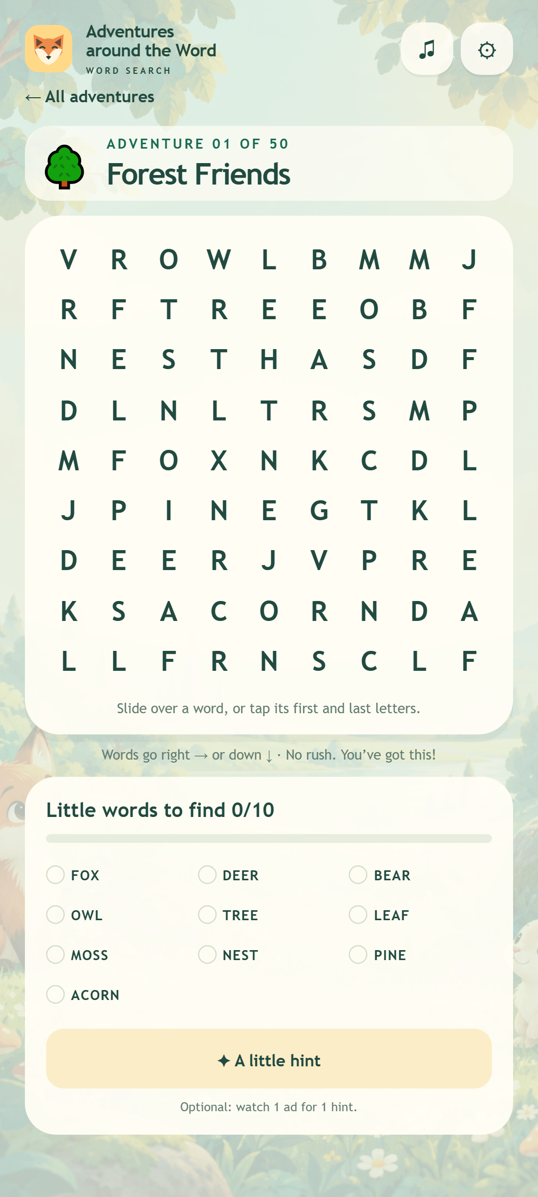 Forest Friends word-search puzzle
